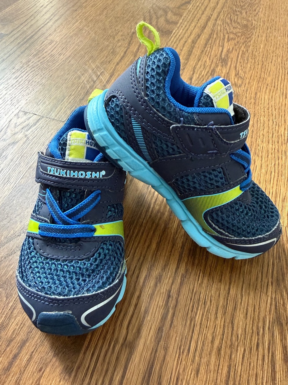 Tsukihoshi Velocity Navy & Lime Kids Athletic Sneakers, toddler size 8